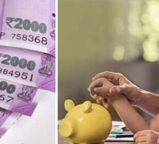 A person and kid drop money in pig bank